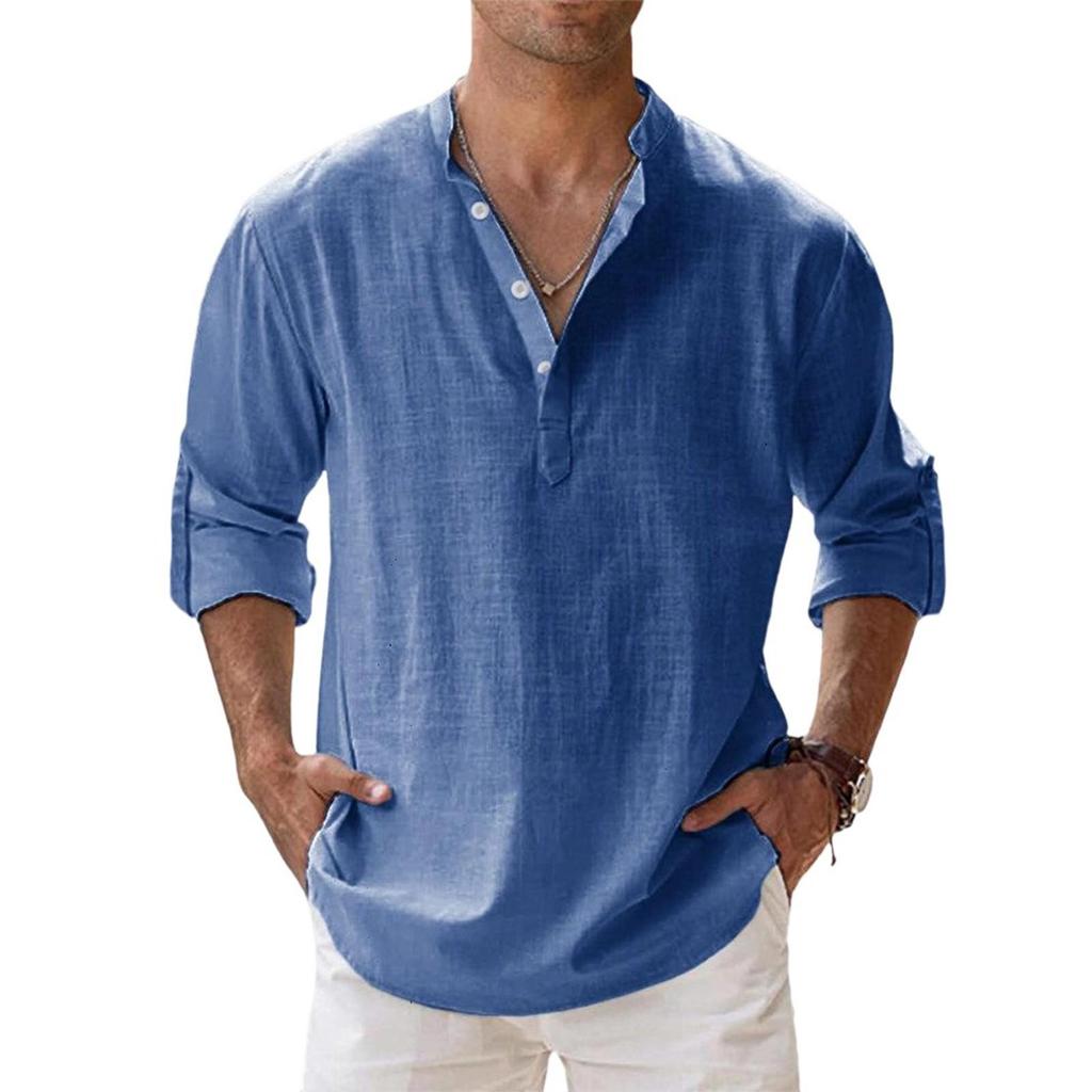 Men's Casual Loose Stand,up Collar Sweatshirt, Men's ,color Long,sleeved Cotton And Linen Shirt Top