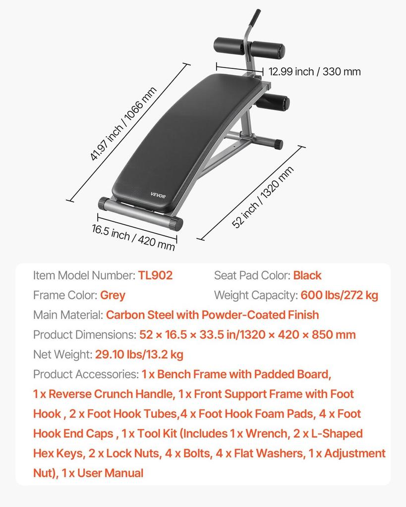 Sit Up Bench, Curved Decline Ab Bench with Reverse Crunch Handle, with 6 Adjustable Height Setting, Heavy Duty Steel, 272 Kg Capacity for Home Gym