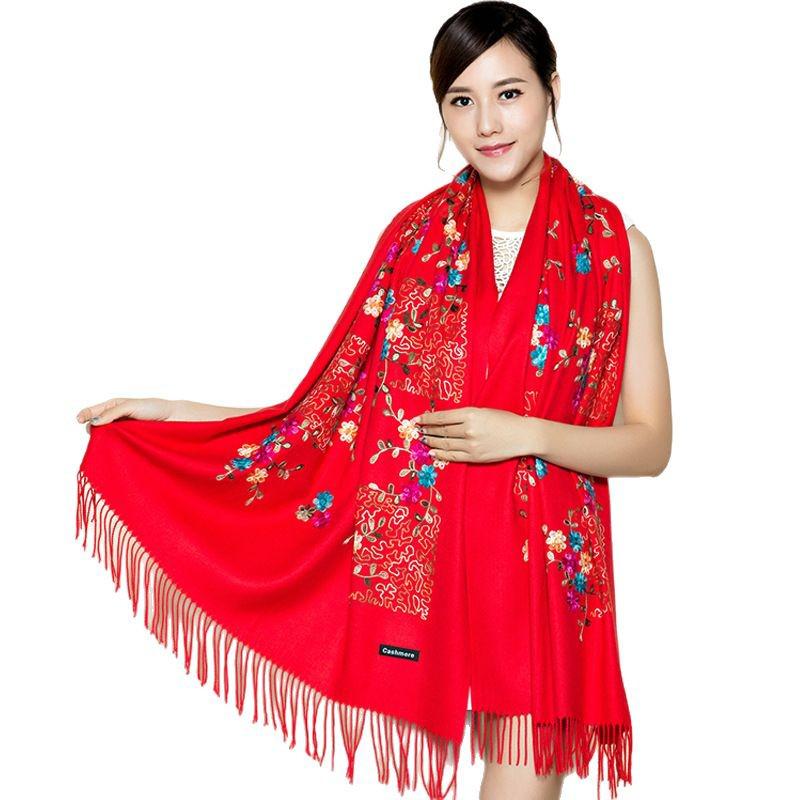300g Faux Cashmere Embroidered Plum Blossom Scarf, Women's Ethnic Travel Wrap - Warm New Year Holiday Shawl