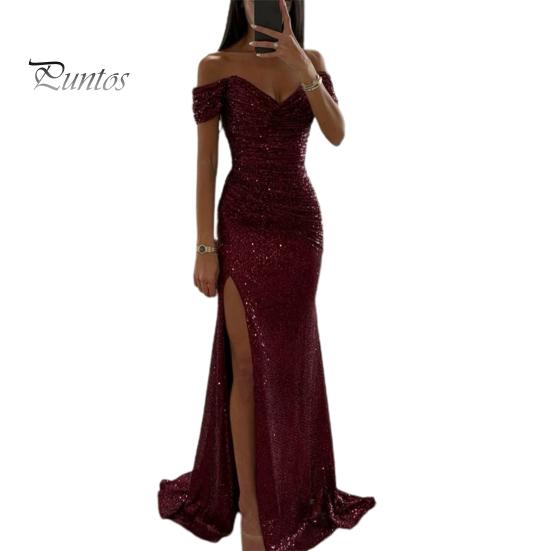 Třpytivé plisované šaty Elegantní výstřih do V Odhalená ramena Maxi Krátký rukáv Detail pasu Dlouhé Úzké Večerní párty Maturitní Ples Štíhlé Sexy Rozparek Jednobarevné Odhalená ramena
