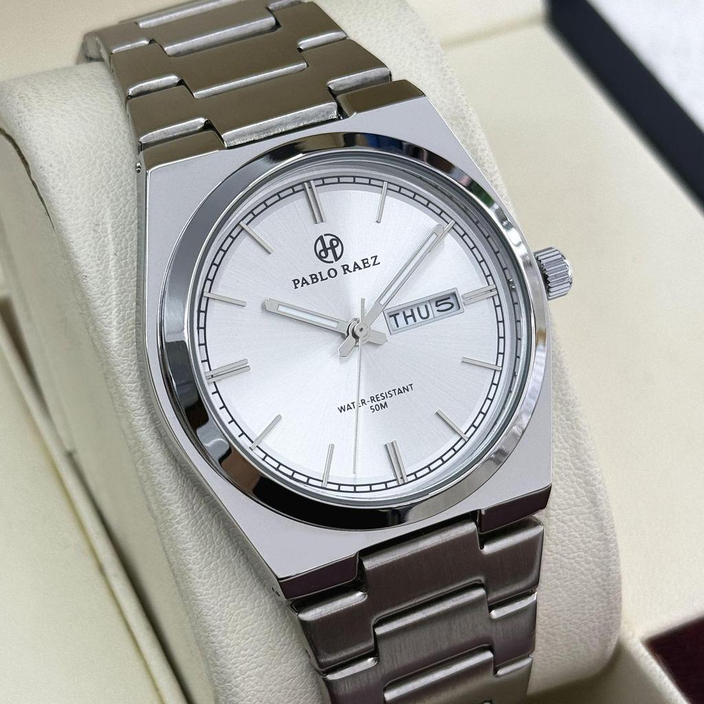 PABLO RAEZ Steel Band Men's Wristwatch with Double Calendar and Butterfly Buckle - Stylish & Trending Casual Business Watch