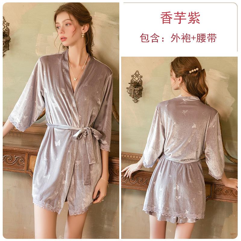 Women's French Velvet Lace Butterfly Print Push Up Removable Pads Sheer Backless Sleep Dress with Robe