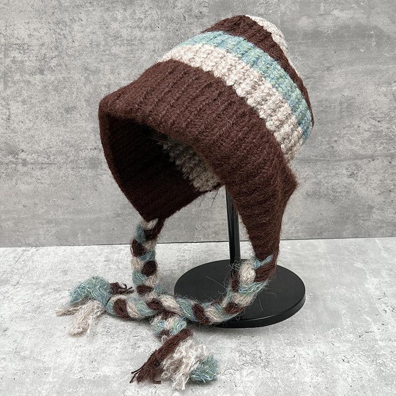 Big Head Circumference Shows Small Face, Contrasting Stripes, Thickened Warm Knitted Wool Hat, Children'S Braided Ear Hat