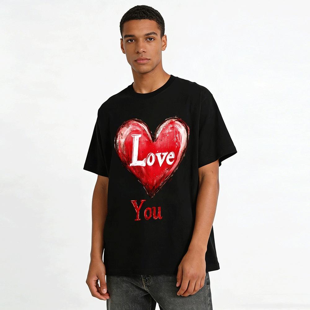 Vintage Heart Love You Print Couple Casual T-Shirt Pure cotton T-shirt