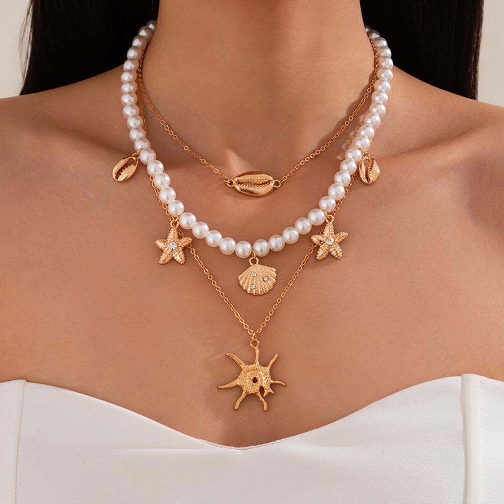 Holiday Travel Starfish Pendant Necklace Alloy Beads Shell Necklace Layered Choker Chain  for Women