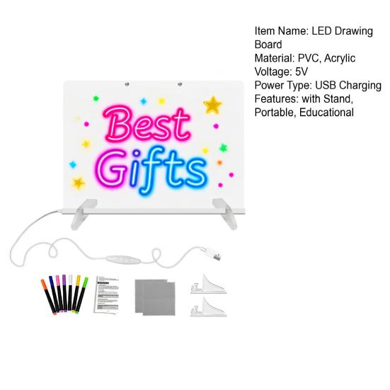 Kids LED Drawing Board with Stand Markers Wipe Cloth USB Charging Light-up Acrylic Dry Erase Board Office School Home Glow Doodle Note Board
