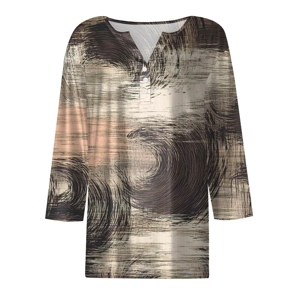 Damski T-shirt Koszulka Nadruk Guzik Rękaw 3/4 Tunika Codzienna Weekendowa Moda Podstawowy Dekolt V Regularny Top