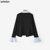 VONDA Women V-Neck Fake Two Piece Patchwork Long Sleeve Casual Blouse