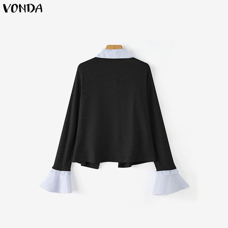 VONDA Women V-Neck Fake Two Piece Patchwork Long Sleeve Casual Blouse
