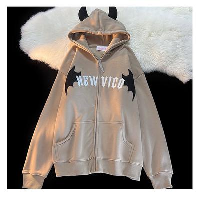 Retro Little Devil Horn Hoodies Y2k Women Letter Embroidery Zipper Hooded Sweatshirt Harajuku Casual Loose Jacket Coats