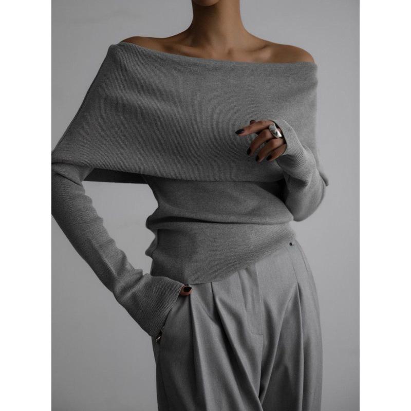 Tooxika Women's Autumn And Winter Long-sleeved Knitted Bottoming Shirt One Shoulder Sexy Slim Shoulder Top