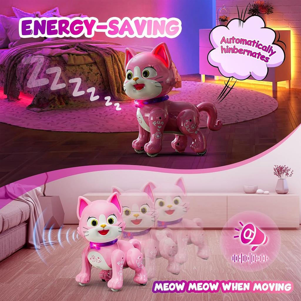 Adorable Remote Control Robot Dancing Cat, Interactive walking Pet Toy for Kids, LED Rechargeable Toys, Girls birthday Gift