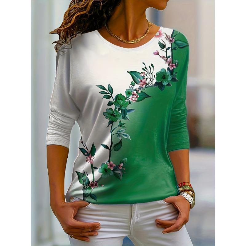 Rundhalsausschnitt 3D Blumen bedrucktes Top Modisches lässiges Langarm-Damen-T-Shirt