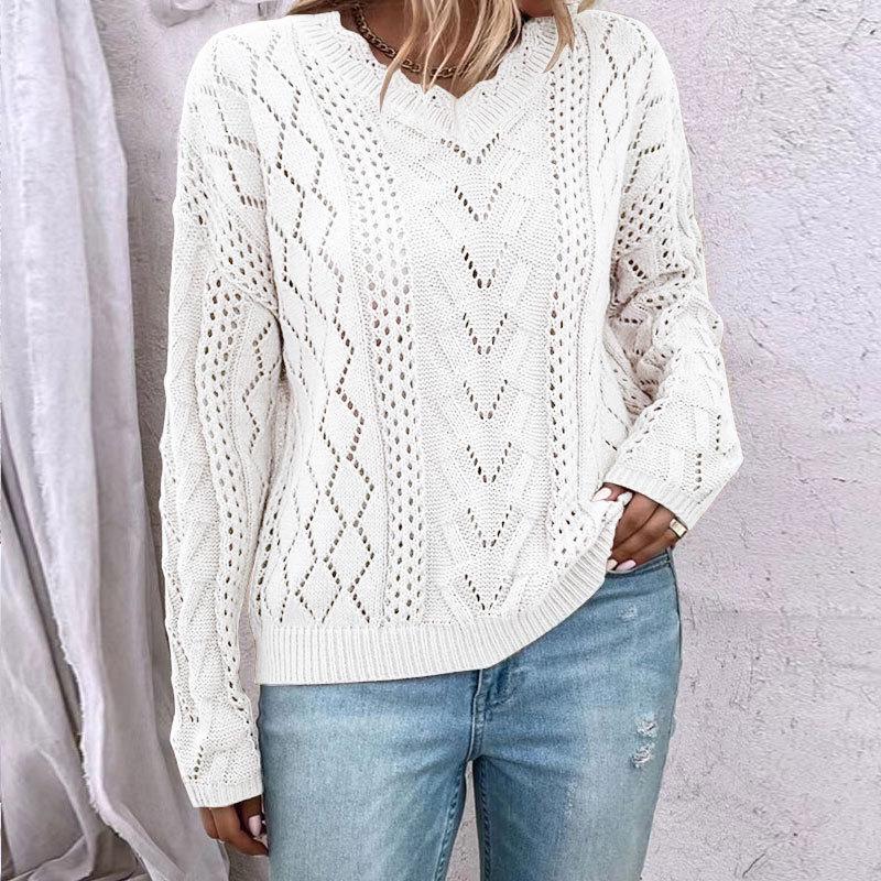 Women's Knit Hollow V-neck Long Sleeve Pullover Sweater