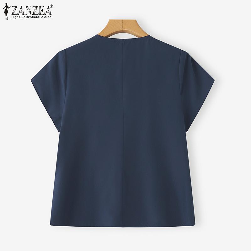 ZANZEA Γυναικεία Καλοκαιρινή Μπλούζα με Βολάν, V-λαιμόκοψη, Καθημερινή, Κοντομάνικη