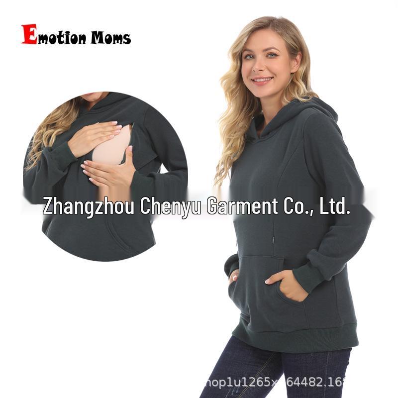 Maternity Winter Fashion: Trendy Fleece-Lined Breastfeeding Sweatshirt for Moms, Age-Reducing Solid Color Outerwear