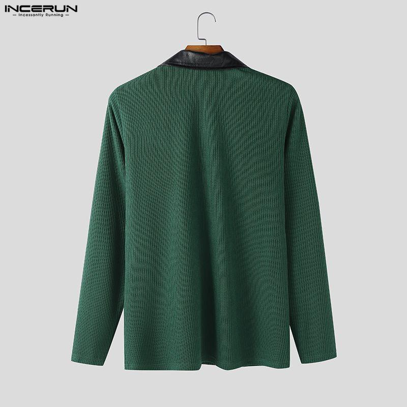 INCERUN Men V Neck PU Patchwork Long Sleeve Rib Stretch Pullovers Tops Undershirts