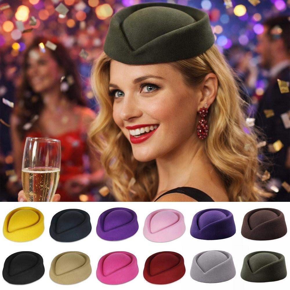 Solid Top Hats Formal Felt Beret New Stewardess Hat  Women Headwear