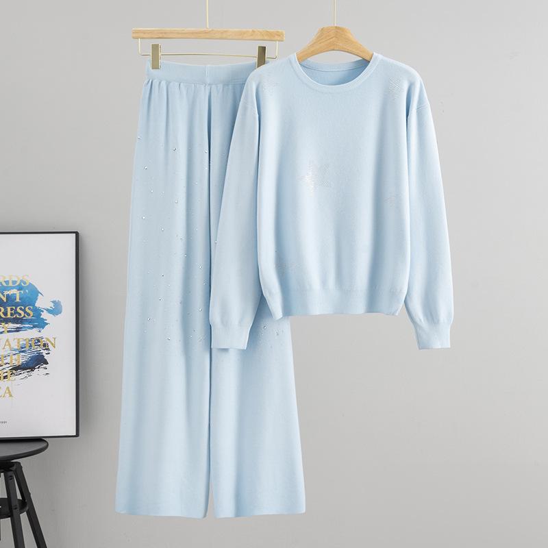 Fashion Autumn New Temperament Hot Diamond Loose Sweater Wide-leg Pants Knitted Two-piece Set for Women