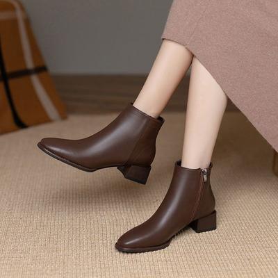 Modisch Elegant mit Mittelhohen Absätzen Damen Stiefeletten Herbst Winter Leder Fleecegefüttert Stiefeletten Hohe Qualität Chelsea Damen Kurze Schuhe