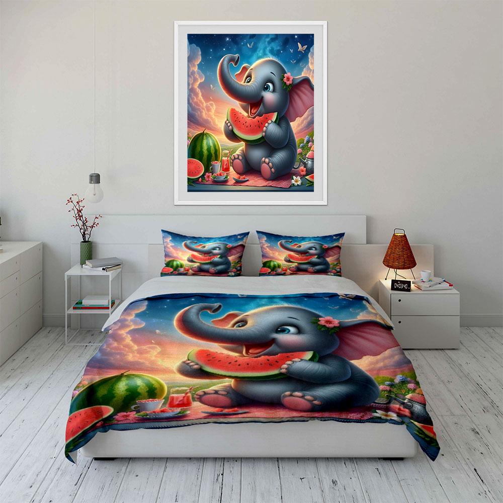 Cute Elephant Picnic Decor Bedding Set With 1 Duvet Cover 2 Pillowcases Single Double King Queen, Gift