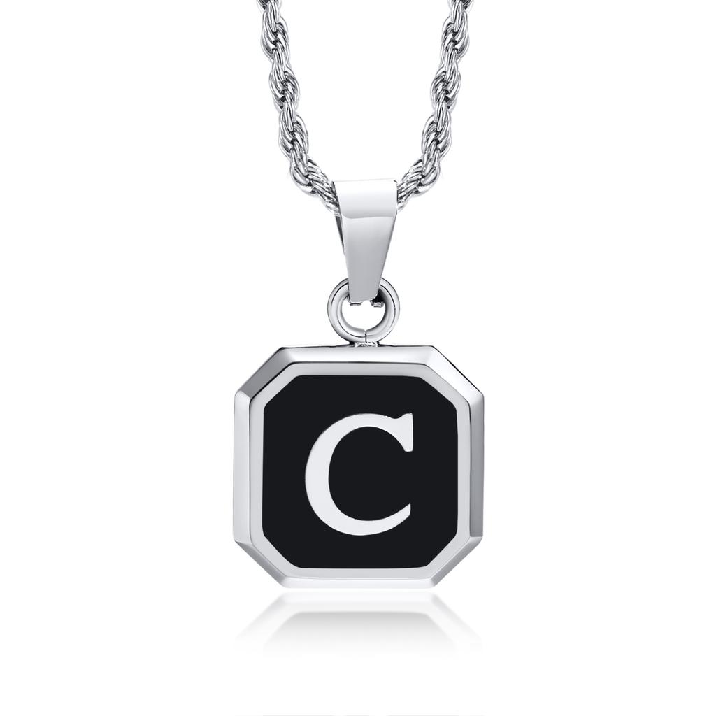 Initials Necklaces for Men Women,A-Z 26 Letters Black Square Stainless Steel Pendant Collar,45-60CM Twisted Rope Chain Gifts