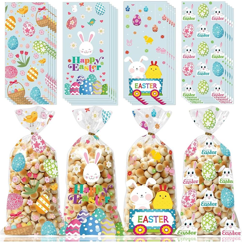 Пасхальные целлофановые пакеты для угощений 100 шт. С золотыми витыми завязками - 4 стиля: кролик, яйцо, цыпленок. Конфетные пакеты для пасхальных подарков (27x12.5см)