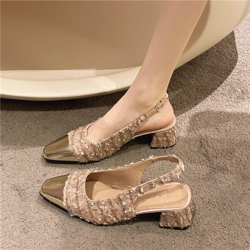 

Fairy sequined thick heel single shoes with skirt bag head sandals small fragrant French high heels female 2024 spring and summer new 35