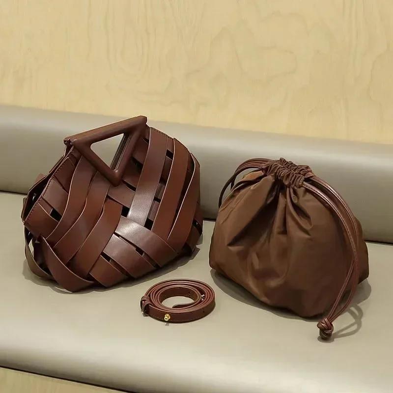New arrival of high fashion top handle brown fabric shoulder bags for women with hollow design unique bucket bag style