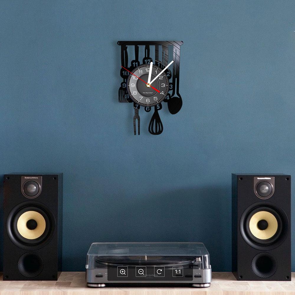Cutlery Farmhouse Kitchen Art Sign Wall Clock Dinning Room Restaurant Cutlery Wall Decor Vintage Utensil Vinyl Record Wall Clock