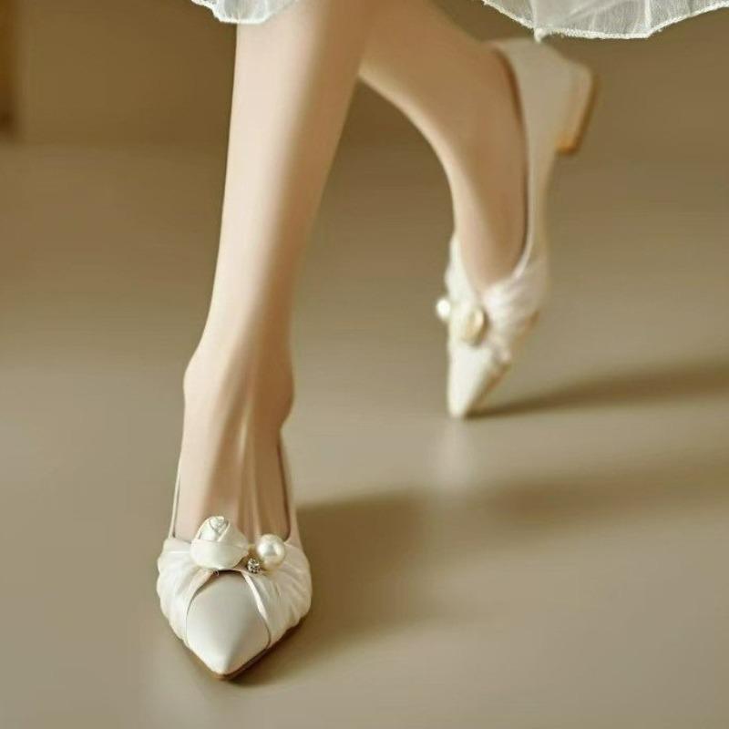 Flower Pearl Women Loafers Shoes Square Toe Heeled Sandals Summer 2025 Elegant Dress Wedding Shoes Chunky Shaloow Zapatos Mujer