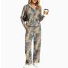 Women's V-Neck Print Long Sleeve Hooded Pajama Set with Pockets, Loose Fit Casual Wear