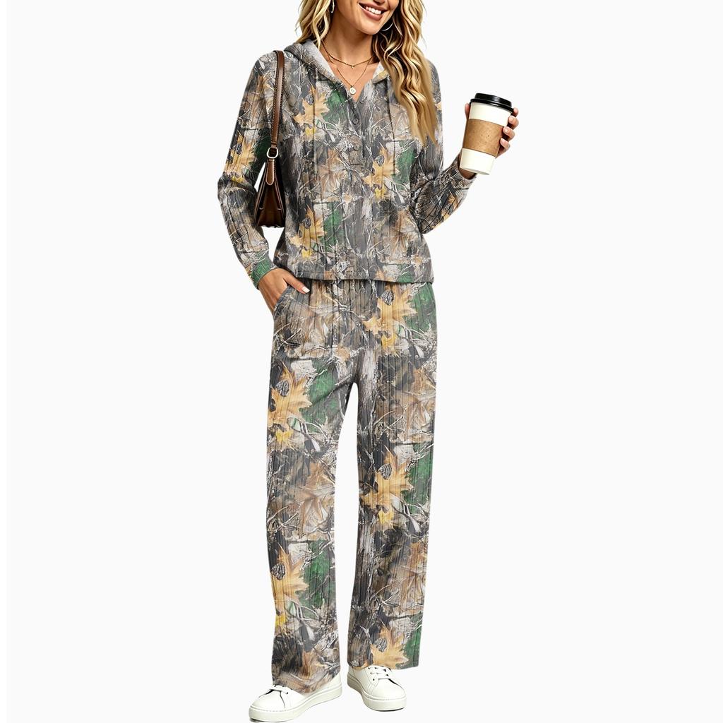 Women's V-Neck Print Long Sleeve Hooded Pajama Set with Pockets, Loose Fit Casual Wear