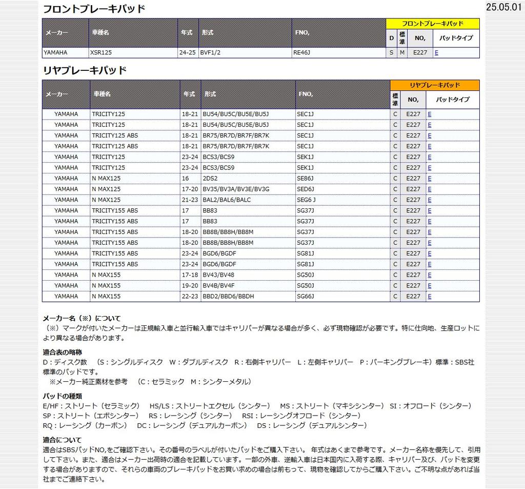 Kitaco SBS Brake Pad (Rear) E227 NMAX, NMAX155, Tricity 155 777-0227000