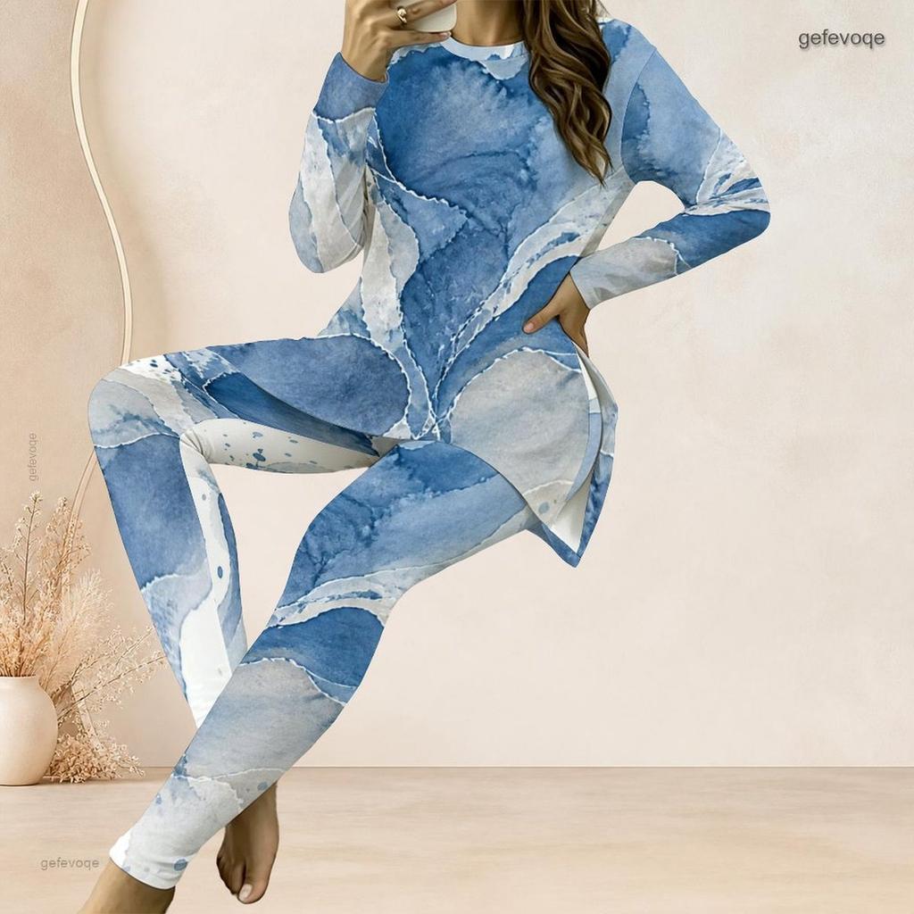 Women Plus Size Printed Two Piece Set Round Neck Long Sleeve Longline Top Fitted Pants Blue Beige