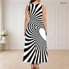 Women Plus Size Round Neck Sleeveless Maxi Dress Black White Swirl Printed Triple Keyhole Cutout