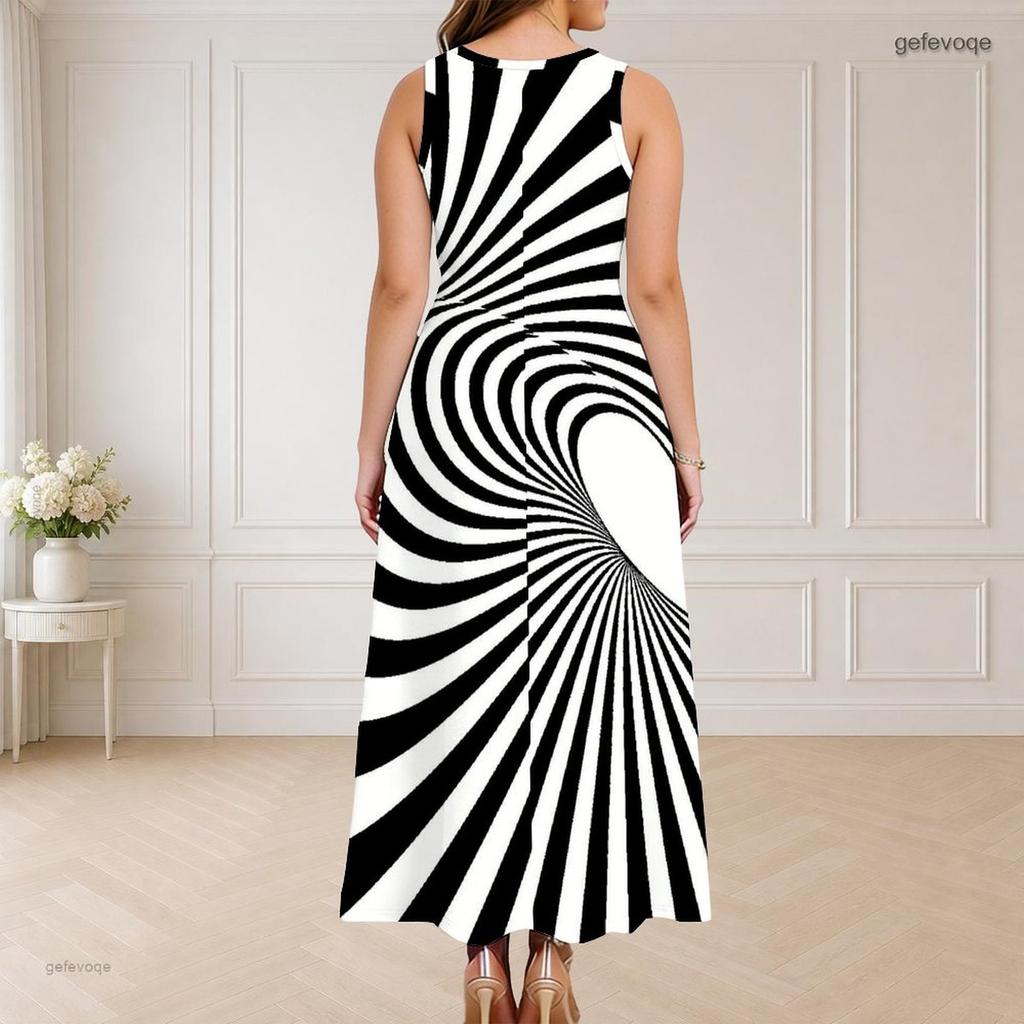 Women Plus Size Round Neck Sleeveless Maxi Dress Black White Swirl Printed Triple Keyhole Cutout