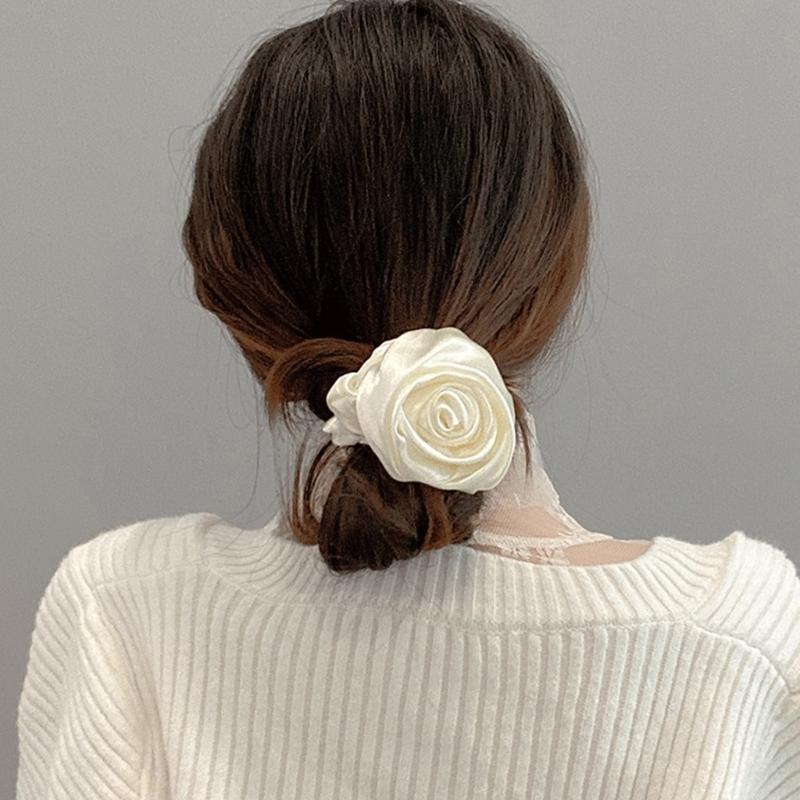 Korean Women Rose Elastic Hair Bands Hair Scrunchies Big Flower Satin Hair Rope Charm Horsetail Gentle Hair Accessories