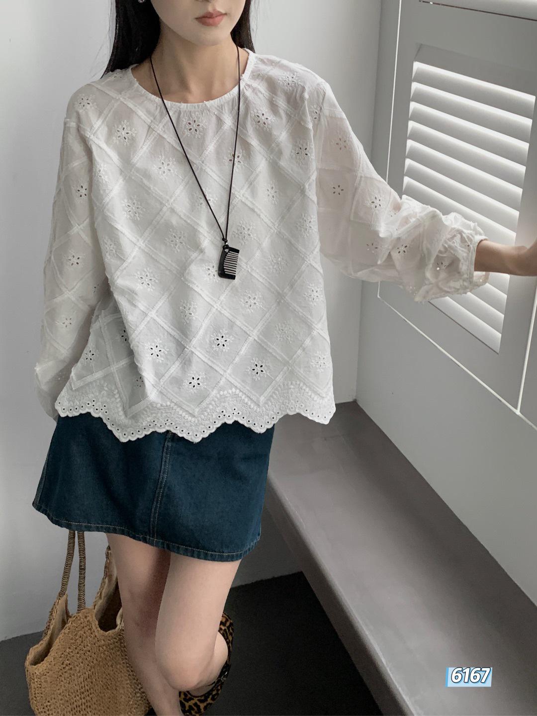

Women s Korean Style Pure Cotton Lace Pullover Top for Early Spring One Size (40-70kg) білий