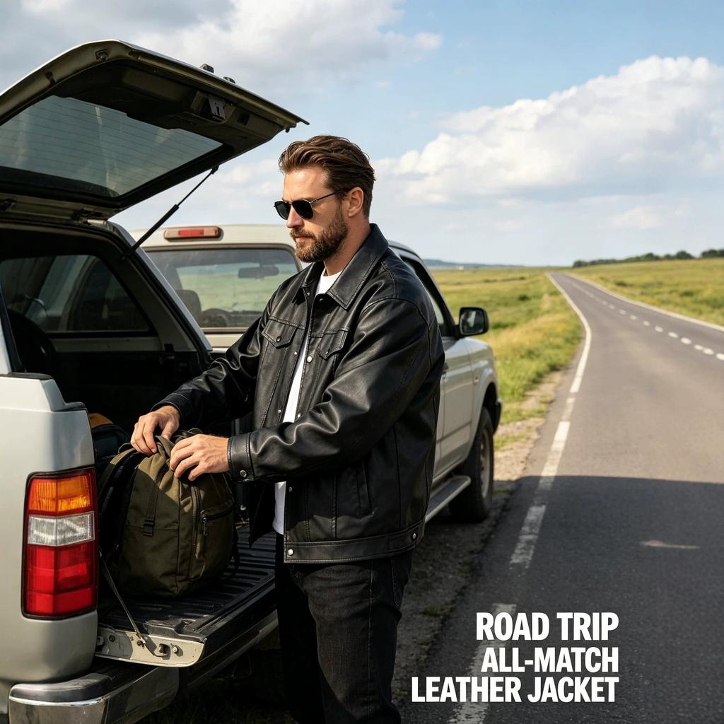 Black tooling, men's leather jacket, shoulder-length loose lapel leather jacket, and a youth leisure locomotive jacket.