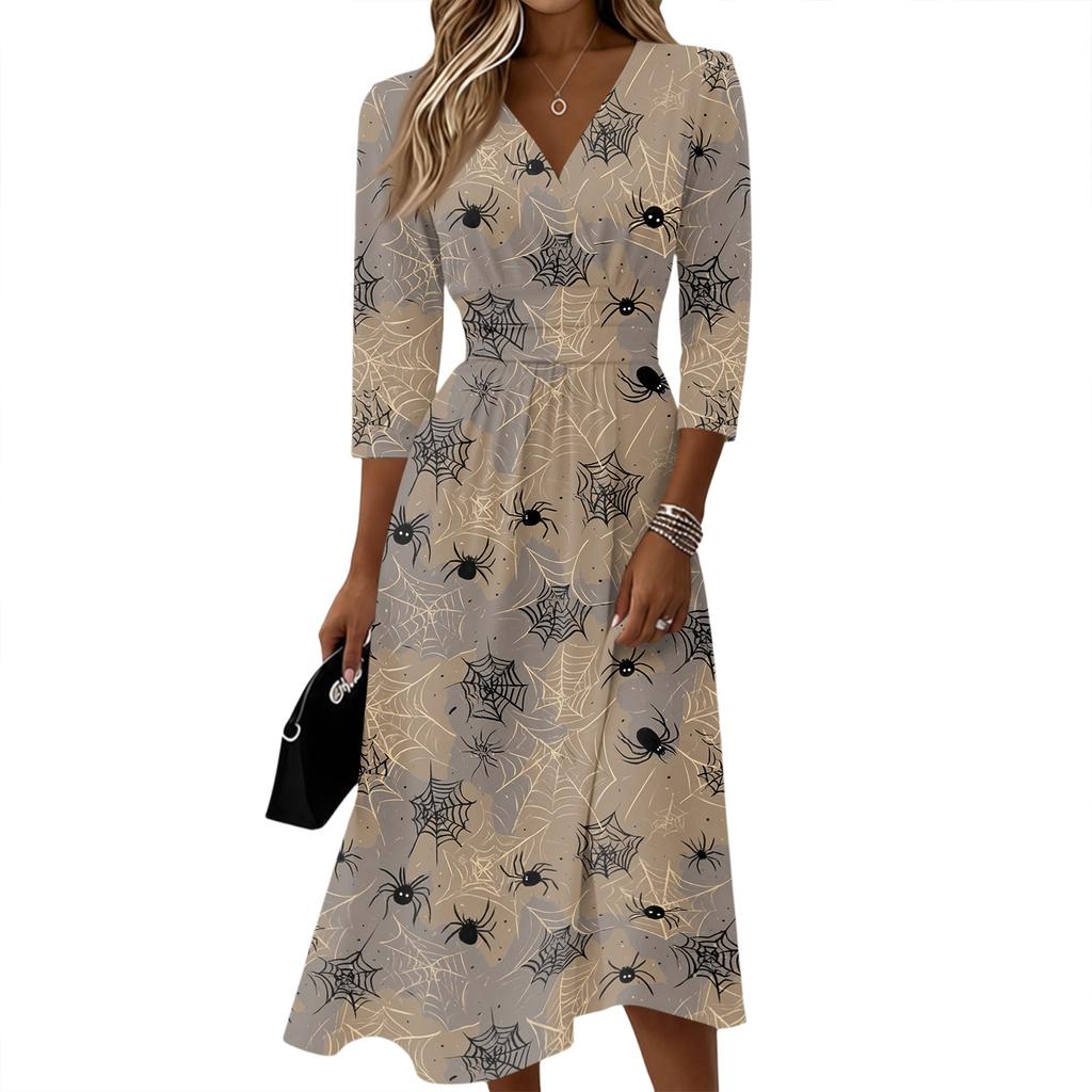 Womens Casual Fashion V Neck Midi Dress Three Quarter Sleeve Back Zipper Halloween Print Dress