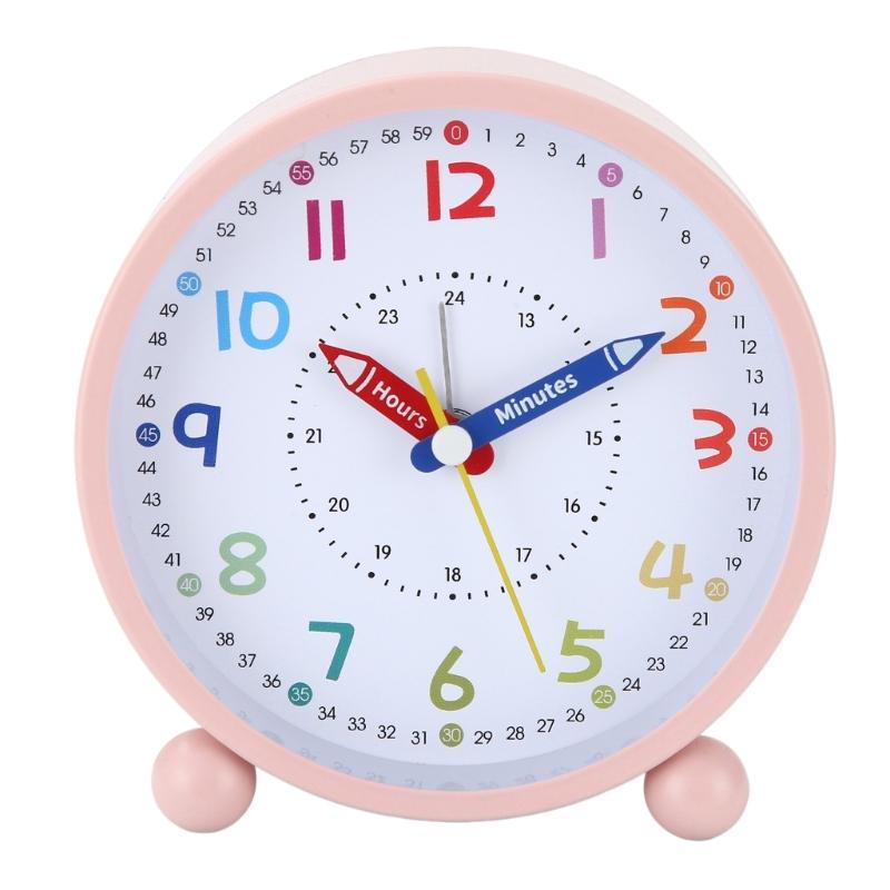 Children Learning Colorful Analog Quiet Alarm Clock With Big Number And Simple Control Nightlight For Home Bedsides Use розовый