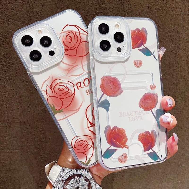 Card Slot Holder Silicone Wallet Pocket Case For Samsung A06 A16 A54 Xiaomi Redmi Note 12 13 14 Vivo V27E V27 Infinix Smart 7 Cover Clear Phone Bumper