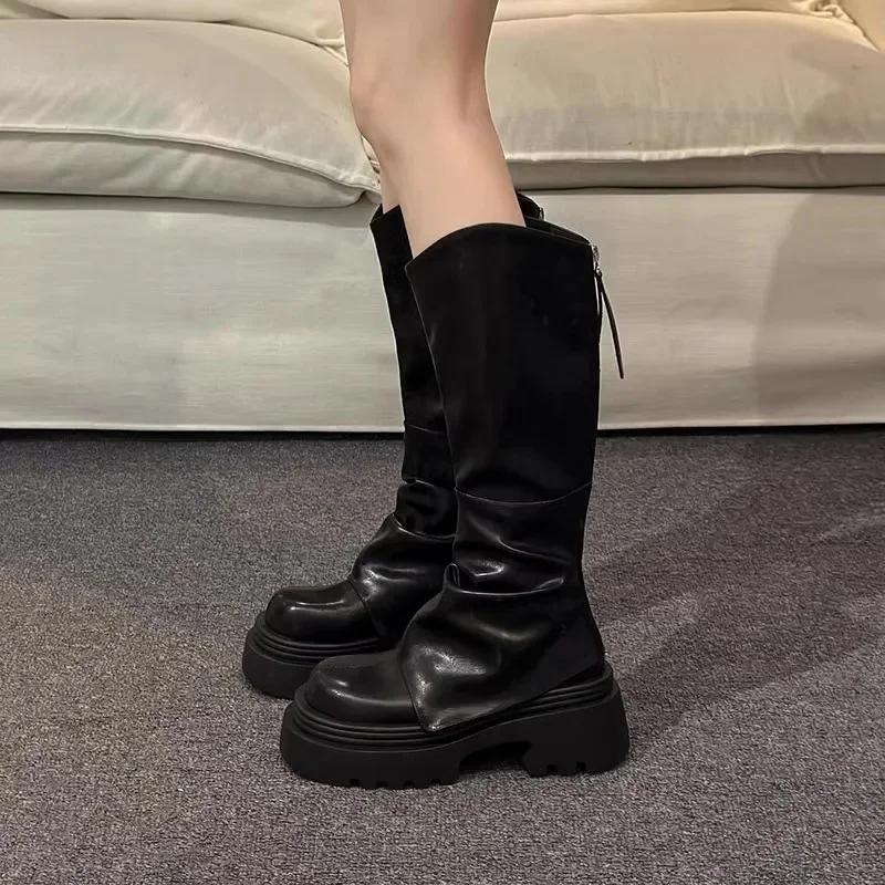 

Женские ботинки с толстой подошвой и высоким голенищем, осенне-зимние, коричневые, ботинки-штаны, маленький размер, ботинки в рыцарском стиле, простой стиль 38 чёрный