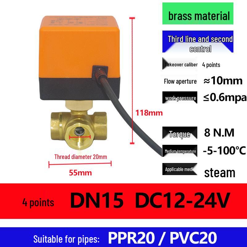 Electric Copper Ball Valve, Two/Three-Way Control, for 220V, 12V, 24V Systems - Ideal for AC, Fan Coil, Solar Applications, 4-Point Connection