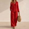 2026 Autumn Women's Linen V-Neck Button Long Sleeve Top Wide Leg Pants Casual Two-piece Set