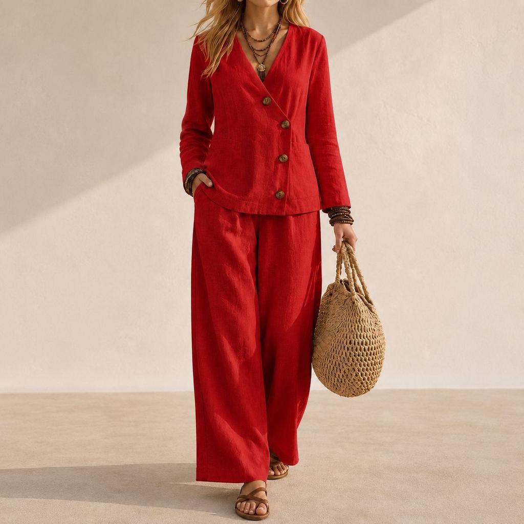 2026 Autumn Women's Linen V-Neck Button Long Sleeve Top Wide Leg Pants Casual Two-piece Set