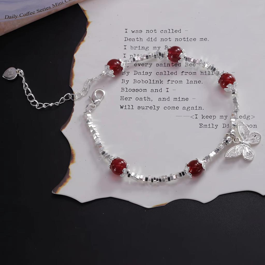 PANJBJ 925 Sterling Silver Red Agate Bead Bracelet for Women Fish Shape Retro Bead Design Versatile Jewelry Gifts Dropshipping