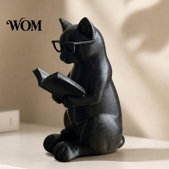 Study Room Decor 3D Printed Reading Cat Figurine, Decorative Ornament with Weighted Anti-Slip Base, With Glasses Intellectual Statue Eye for