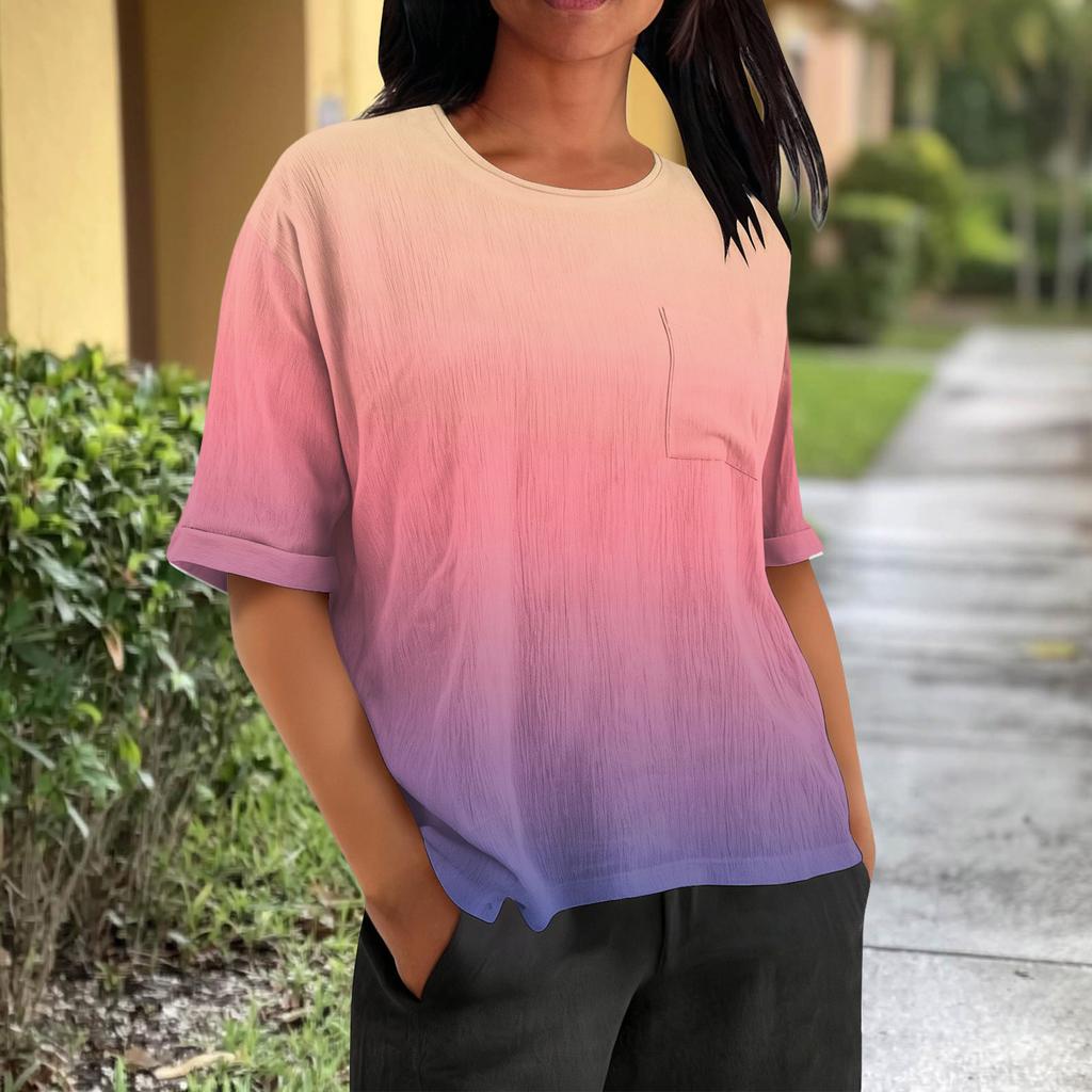 Fashionable Women's T-shirt Short Sleeved Casual Top With Pocket Gradient Print Round Neck Lightweight Shirt